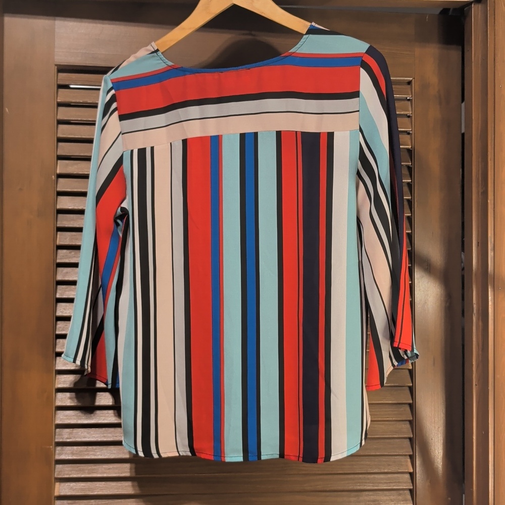 Anthropology W5 Red Blue Multi-Stripe 3/4 Sleeve Blouse - Picture 2 of 4